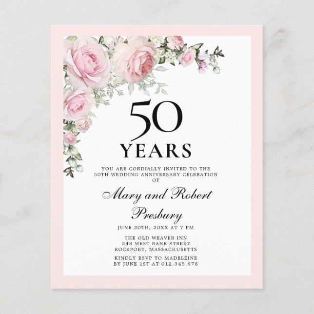 Orçamento 50º Aniversário, Rosa, Convite Floral (Frente)