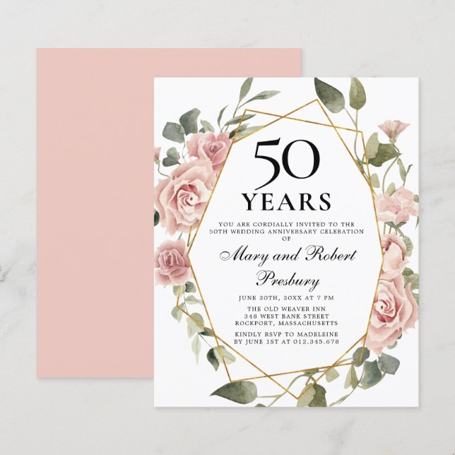Orçamento 50º Aniversário, Rosa, Convite Floral (Frente/Verso)
