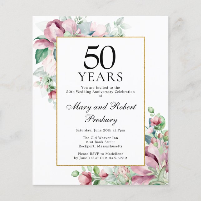 Orçamento 50º Aniversário, Rosa, Convite Floral (Frente)