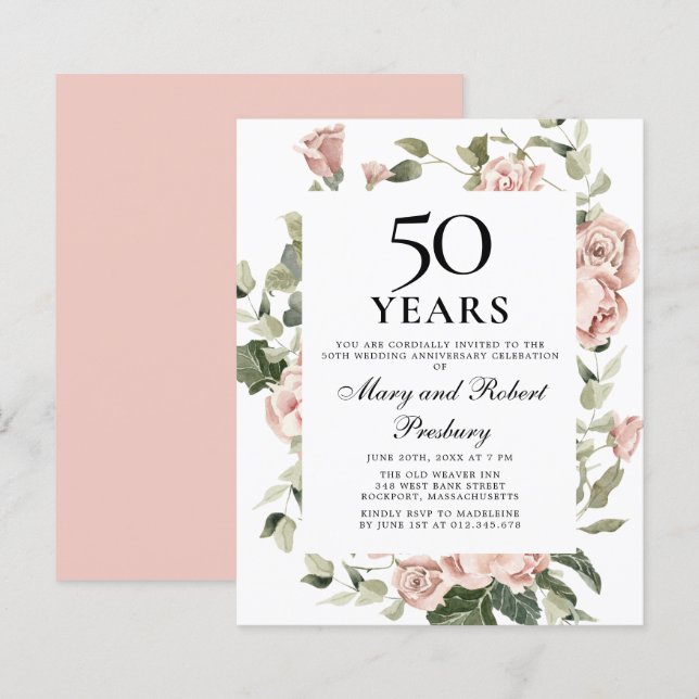 Orçamento 50º Aniversário, Rosa, Convite Floral (Frente/Verso)