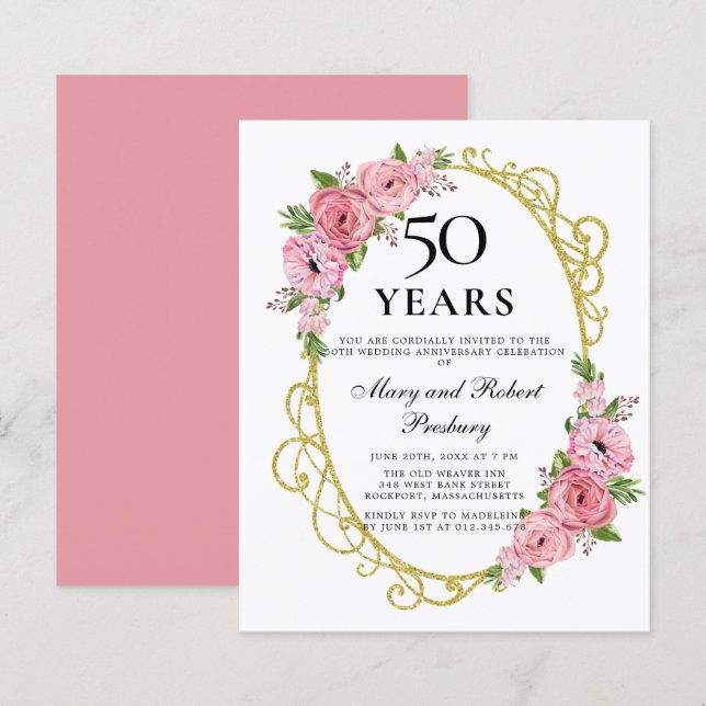 Orçamento 50º Aniversário, Rosa, Convite Floral (Frente/Verso)