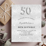 Orçamento 50.º aniversário convite para relíquias<br><div class="desc">Um convite moderno,  na moda e glamouroso para a 50ª festa de aniversário. Um fundo com aparência de prata falsa,  decorado com poeira brilhante. Personalize e adicione o seu nome e detalhes da festa. O número 50 é escrito com uma fonte de estilo balão,  script.</div>