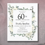Orçamento 60º Aniversário Convite Floral Branco<br><div class="desc">O elegante 60º convite de aniversário apresenta um quadro botânico de flores brancas e folhas verdes profundas. O nome da pessoa de aniversário é escrito em um texto tradicional. Todo o texto pode ser facilmente editado para criar apenas o tom comemorativo correto.</div>