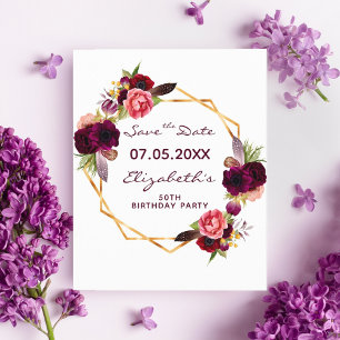 Orçamento aniversário floral Burgundy Salvar Dat