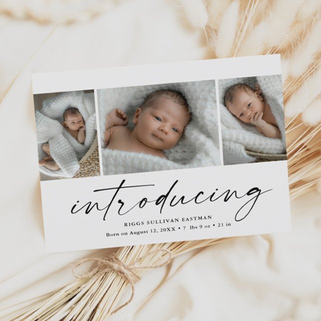 Orçamento Apresentando Cartões de agradecimentos d (Modern introducing script 3 photo birth announcement baby thank you cards.)