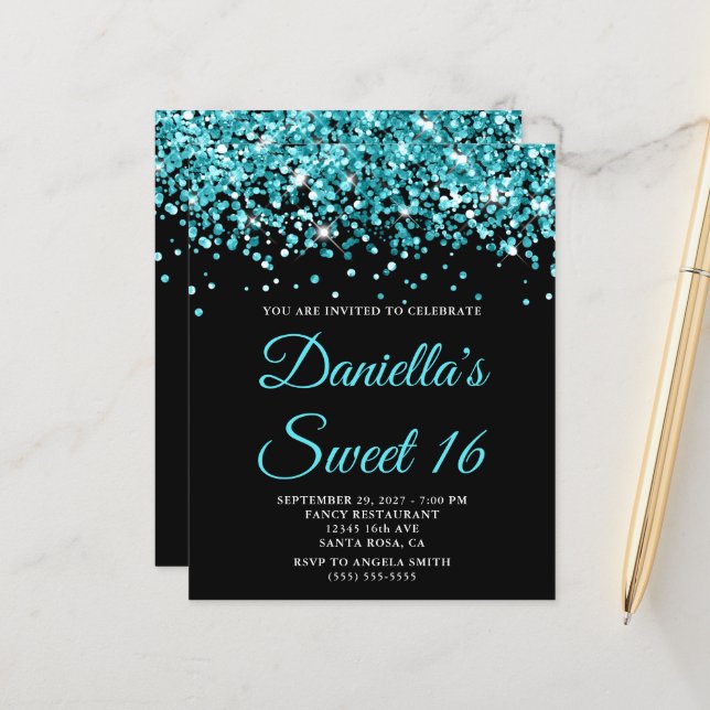 Orçamento Aqua Teal Glitter Black Sweet 16 Convite (Frente/Verso In Situ)