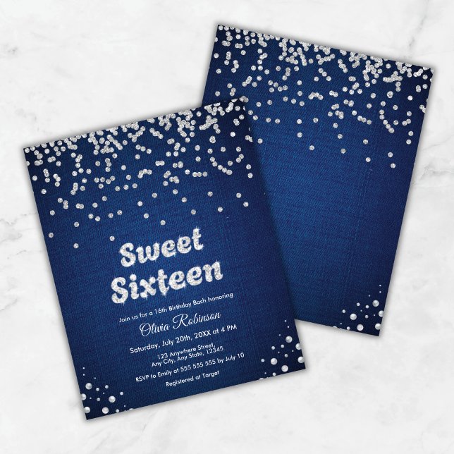 Orçamento Azul Doce Dezesseis 16º Convite de Anive (Budget Blue Sweet Sixteen 16th Birthday Invitation )