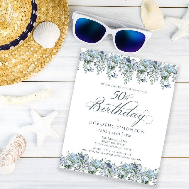 Orçamento Azul Floral 50º Convite de Aniversário (Criador carregado)