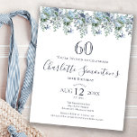 Orçamento Azul Floral 60º Convite de Aniversário<br><div class="desc">Uma peônia azul empoeirada e flores silvestres decoram um bonito convite de aniversário. A caligrafia moderna acrescenta ao Boho Vibe.</div>