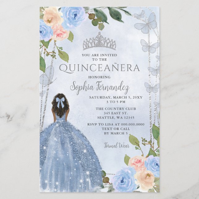 Orçamento Azul Prata Floral Princesa Quinceañera (Frente)