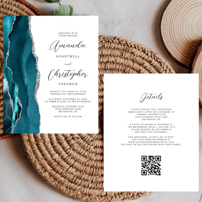 Orçamento Azul Teal Prata Ágata Código QR Casament (Criador carregado)
