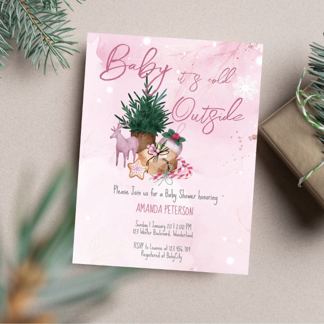 Orçamento Bebê é frio fora do chá de fraldas convi (Budget Baby It's Cold Outside baby shower invitation pink winter baby shower invitation)