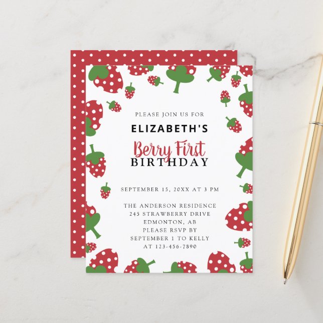 Orçamento Berry Primeiro Aniversário Cute Strawber (Frente/Verso In Situ)
