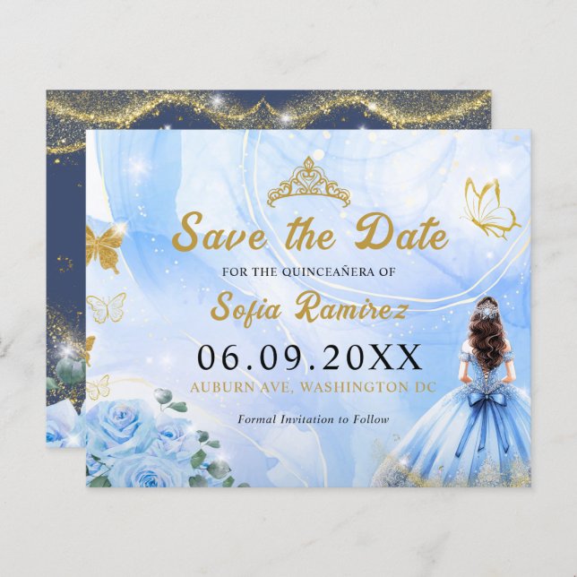 Orçamento Blue Princesa Quinceañera Salvar Data (Frente/Verso)