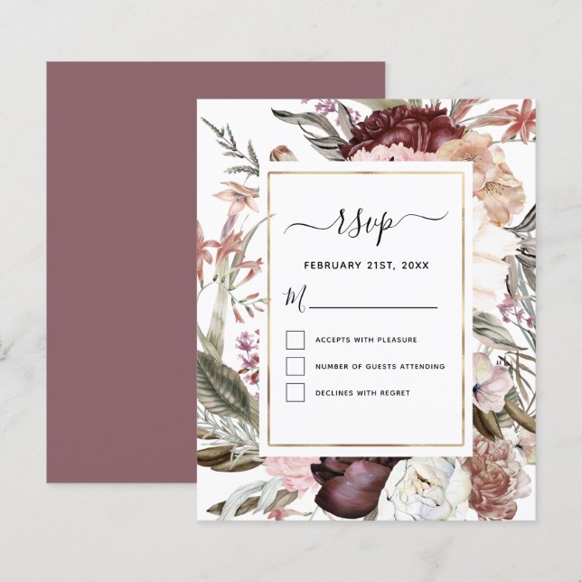 Orçamento Boho Dusty Pink Burgundy Casamento RSVP (Frente/Verso)