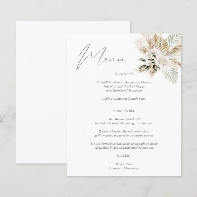 Orçamento Boho Folha de Palma Floral Menu (Frente/Verso)