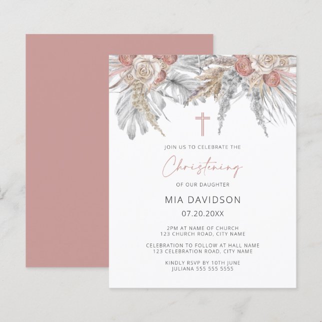 Orçamento Boho Palm Rosa Pampas Cristening Convite (Frente/Verso)