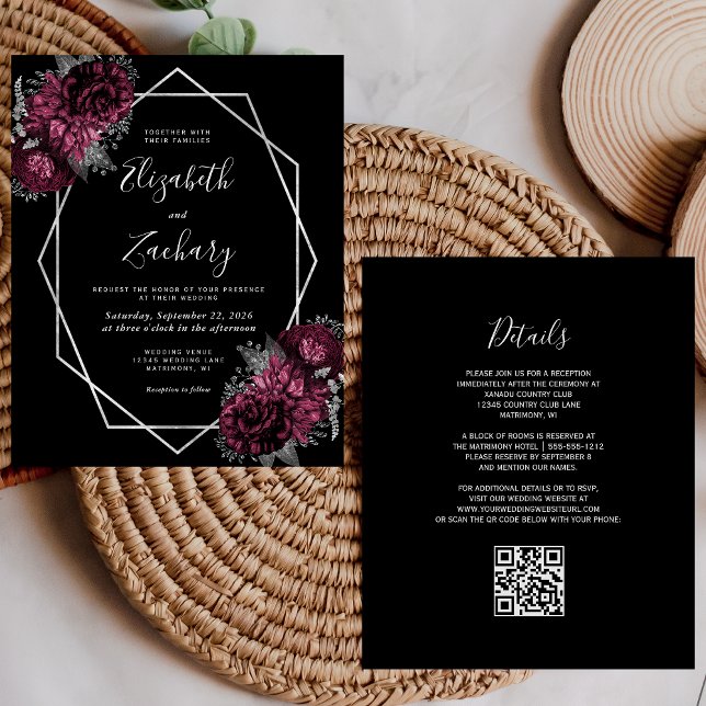 Orçamento Burgundy Floral Preto Código QR (Criador carregado)