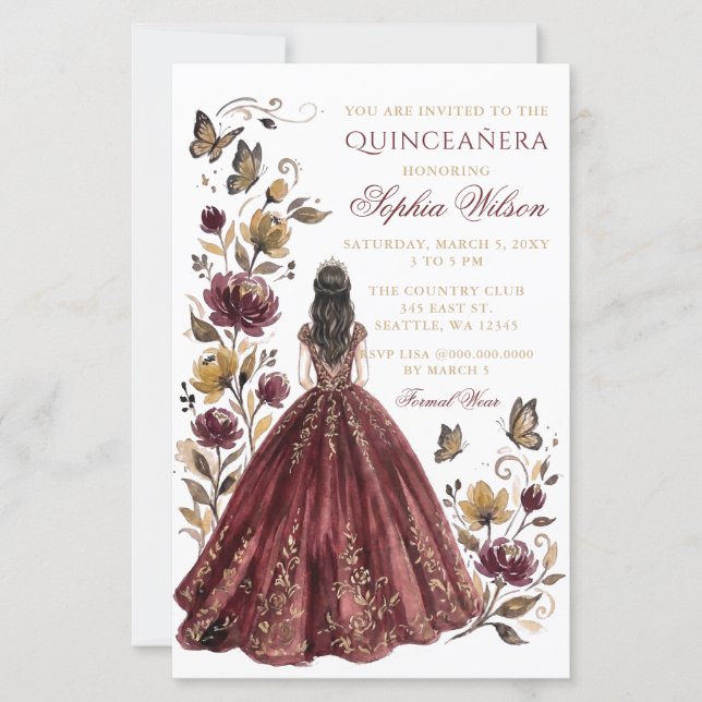 Orçamento Burgundy Floral Princesa Quinceañera (Frente)