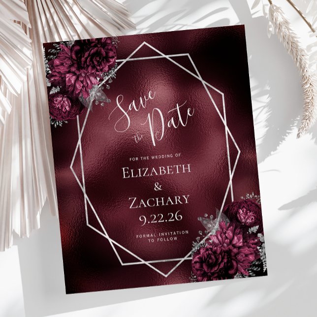 Orçamento Burgundy Floral Silver Geo Salvar Data (Criador carregado)