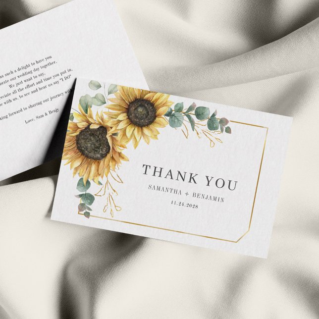 Orçamento Cartões de agradecimentos de Casamento E (Sunflower Eucalyptus Greenery Wedding Thank You Card)