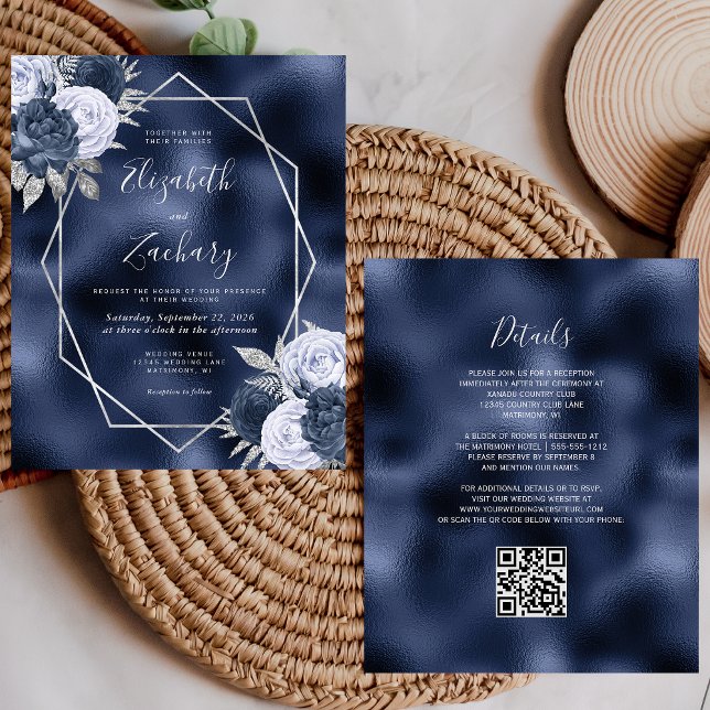 Orçamento Casamento Código QR Floral Azul Navy Poe (Criador carregado)