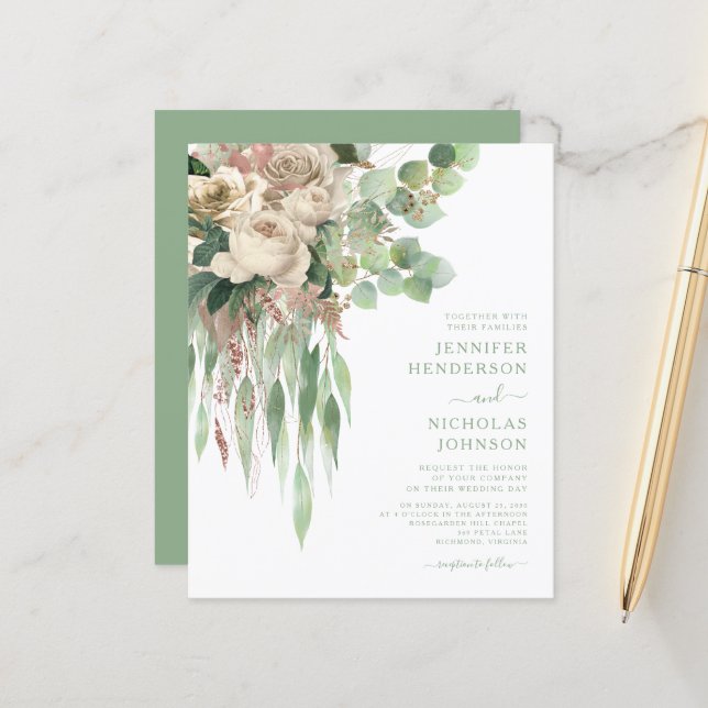Orçamento Casamento de Rosas Florais Verdes Elegan (Frente/Verso In Situ)