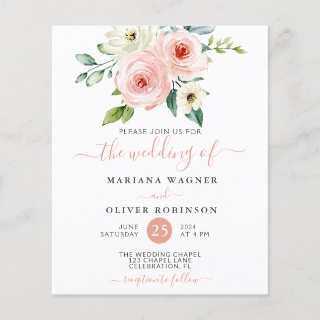 Orçamento Casamento Floral Aquarela Rosa e Branco (Frente)