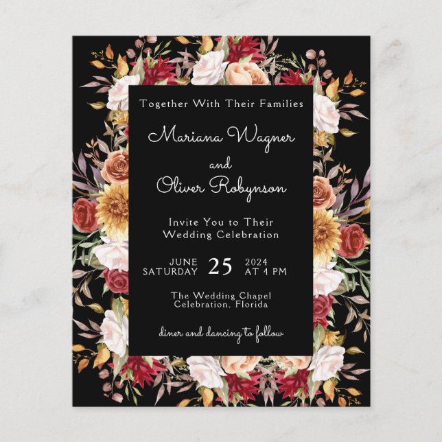 Orçamento Casamento Floral Preto Moderno de Outono (Frente)