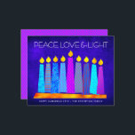 Orçamento Chanucá Vela Paz Amor Cartão Azul Claro<br><div class="desc">"Paz, amor e luz." Uma ilustração lúdica, moderna e artística das velas de padrão de feto em uma menorah ajuda você a lançar no feriado de Chanucá. Velas azuis cortadas com padrões coloridos de folha de alumínio sobrepõem um rico fundo azul-texturizado. Folha de diamante roxo, rosa-quente, escura, num fundo azul...</div>