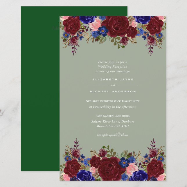 ORÇAMENTO Convite de Casamento Floral Azul Borgonh (Frente/Verso)