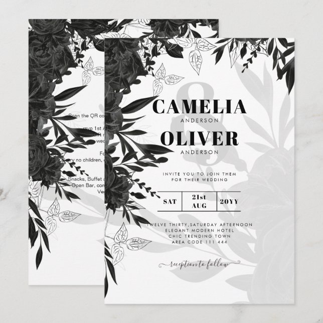 ORÇAMENTO Convite de Casamento Rosa Preta Elegante (Frente/Verso)