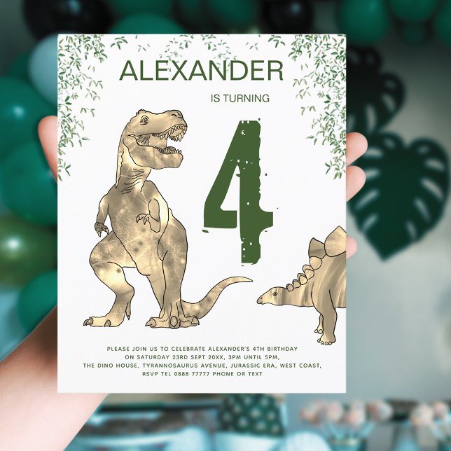 Orçamento da Festa de Aniversário de 4 anos dos Me (Dinosaur jungle T-Rex and stegosaurus 4th birthday party budget invitation green and brown)