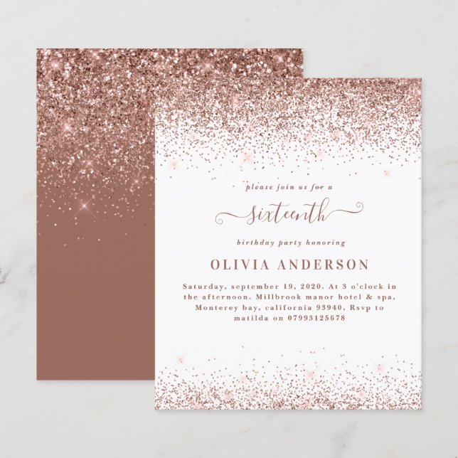 orçamento de 16 anos do rosa dourado glitter girly (Frente/Verso)