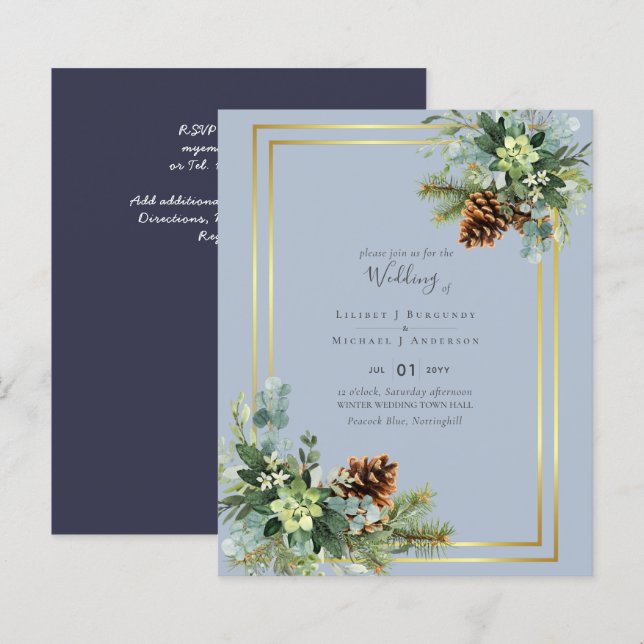 Orçamento de casamento em azul poeirento com eucal (Frente/Verso)