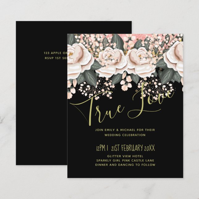 Orçamento de Casamento Floral Preto-Cor-de-Rosa-Es (Frente/Verso)