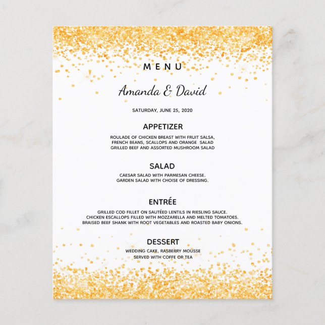 Orçamento de confete de ouro branco do menu janto  (Frente)