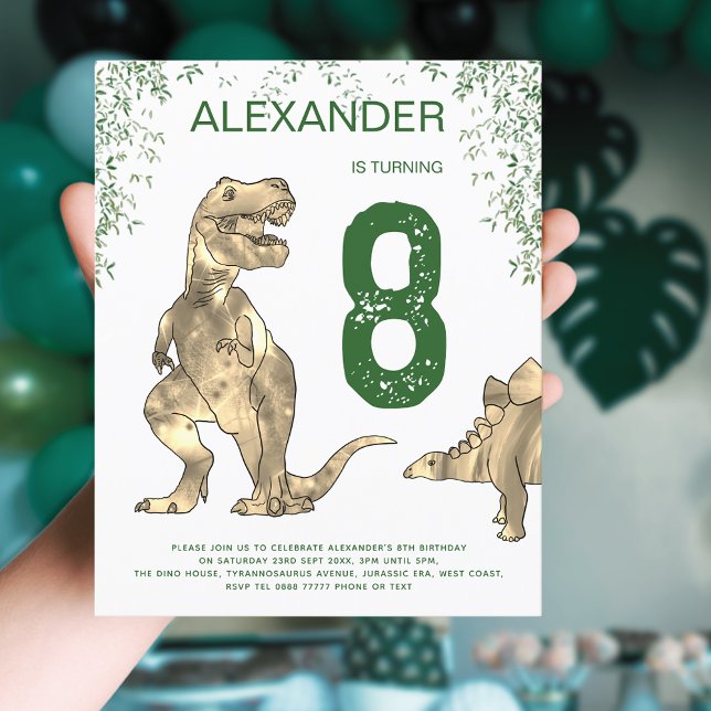 Orçamento de festa de aniversário de meninos com T (T-Rex dinosaur jungle 8th birthday party budget invitation brown and green tyrannosaurus stegosaurus)