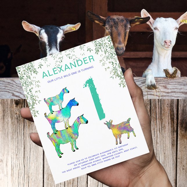 Orçamento de festa de aniversário de um animal sel (Wild one goats colorful farm animal art 1st birthday party budget invitation )