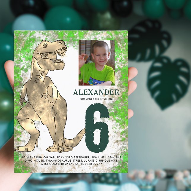 Orçamento de Festa de aniversário do Dinossauro T- (T-Rex dinosaur 6th birthday party budget invitation with photo template and watercolor splash jungle)