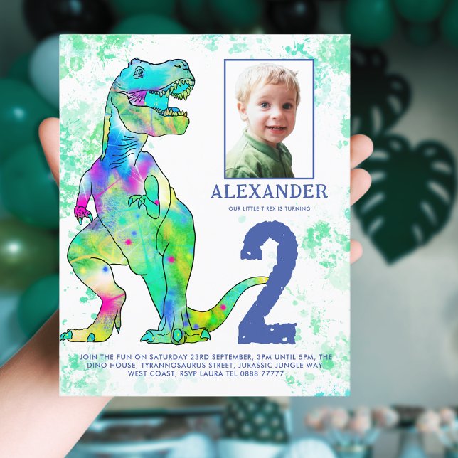 Orçamento de Fotografia do Partido do segundo aniv (Dinosaur colorful watercolor 2nd birthday party invitation with photo template)