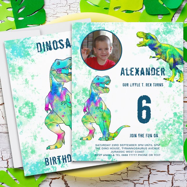 Orçamento de Fotos do Aniversário de 6 anos do Din (T-Rex dinosaur 6th birthday party budget invitation with photo template colorful dino watercolor)