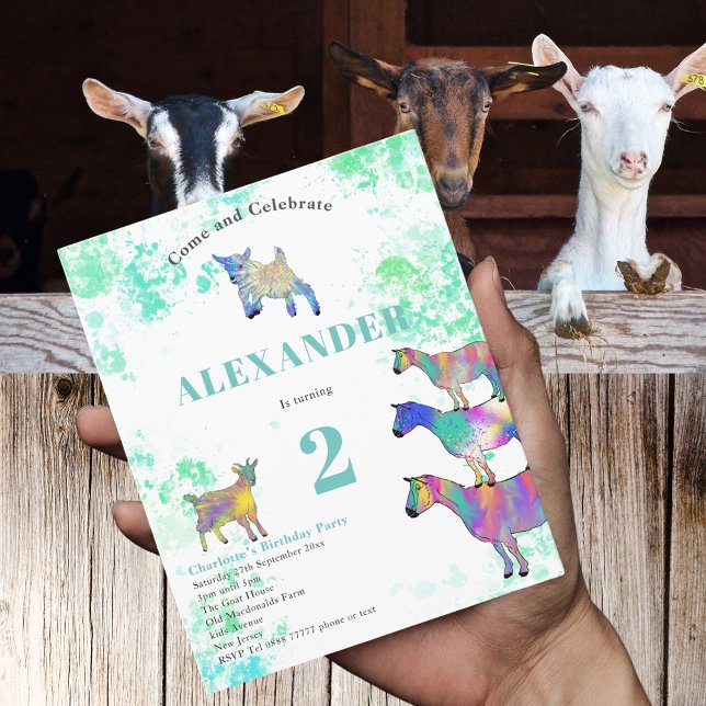 Orçamento de Parte do segundo aniversário de Cores (Cute goats colorful farm animal watercolor art 2nd birthday party budget invitation)
