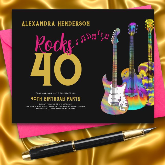 Orçamento do aniversário de 40 anos Rocks 40 (Rock and roll pink black and gold 40th birthday party budget invitation )