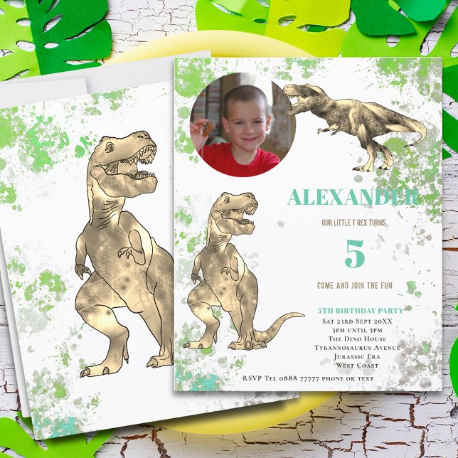 Orçamento do Modelo de Foto do T-Rex para o 5º Ani (Dinosaur T-Rex 5th birthday party budget invitation with photo template green and brown)