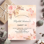 Orçamento Doce 16 borboletas de erva-borboleta<br><div class="desc">Um fundo rosa dourado,  rosado,  rosado e roxo,  com aspecto metálico. Decorados com ouro rosa e flores,  rosas,  erva-pampas e borboletas cor-de-rosa. Personalize e adicione um nome e detalhes da parte.</div>