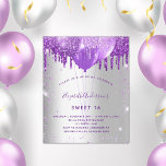 Orçamento Doce 16 convite prateado roxo<br><div class="desc">Um fundo na moda falsa de prata. Decorado com brilho púrpura e balões. Personalize e adicione um nome e detalhes da parte. O nome é escrito com um script de estilo manuscrito</div>