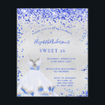 Orçamento Doce 16 convite real à prata azul<br><div class="desc">Um fundo de olhar mal prateado. Decorado com confete azul real,  brilhos. Personalize e adicione um nome e detalhes da parte. O nome é escrito com um script de estilo manuscrito.</div>