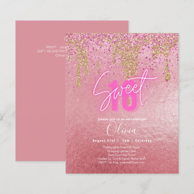 Orçamento Doce 16 Foil Rosa Brilhante Girly Modern (Frente/Verso)