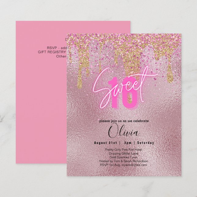 Orçamento Doce 16 Foil Rosa Brilhante Girly Modern (Frente/Verso)